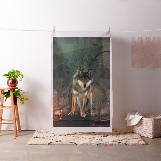 Fantastischer Wolf auf Vintagem Hintergrund Stoff (Beispiel)