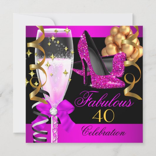 Fantastisches 40th Hot Pink Black Champagne Party Einladung (Vorderseite)