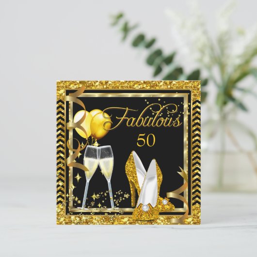 Fantastisches 50 Champagner Gold Black Party Einla Einladung (Stehend Vorderseite)