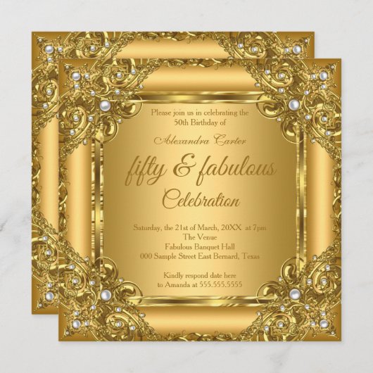 Fantastisches 50. Foto Gold auf Gold Pearl Party Einladung (Vorne/Hinten)