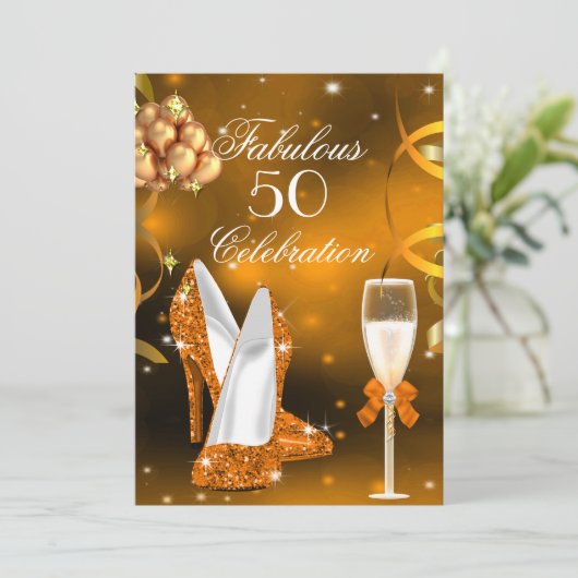 Fantastisches 50 Gold Orange High Heel Champagner Einladung (Stehend Vorderseite)