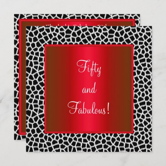 Fantastisches 50th Animal Print Schwarz-weiß Red P Einladung (Vorne/Hinten)