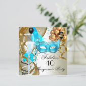 Fantastisches Aquamarines Gold Creme Black Masquer Einladung (Stehend Vorderseite)