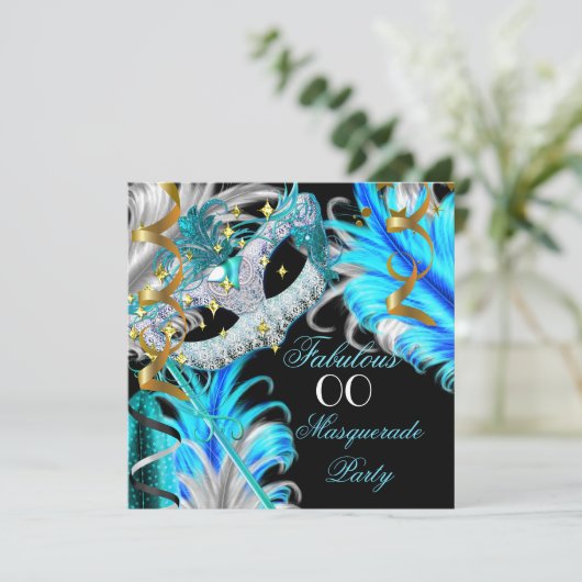 Fantastisches Birthday Aquamarin Blue Gold Masquer Einladung (Stehend Vorderseite)