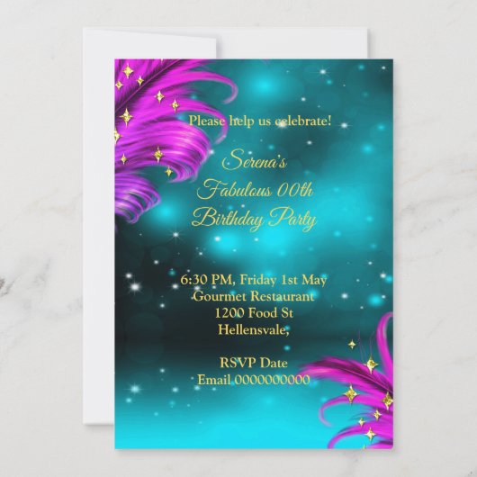 Fantastisches Birthday aquamarin Lila Rosa Champag Einladung (Rückseite)