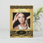 Fantastisches Birthday Party Black Gold Floral Fot Einladung (Stehend Vorderseite)