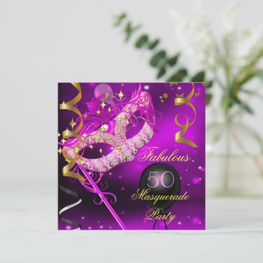 Fantastisches Birthday Pink Gold Masquerade Party Einladung (Stehend Vorderseite)