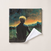 Fantasy 70er Art | Mann auf dem grasbewachsenen Fe Badhandtuch Set (Waschlappen)