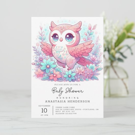 Fantasy Adorable Owl Babydusche Einladung (Stehend Vorderseite)