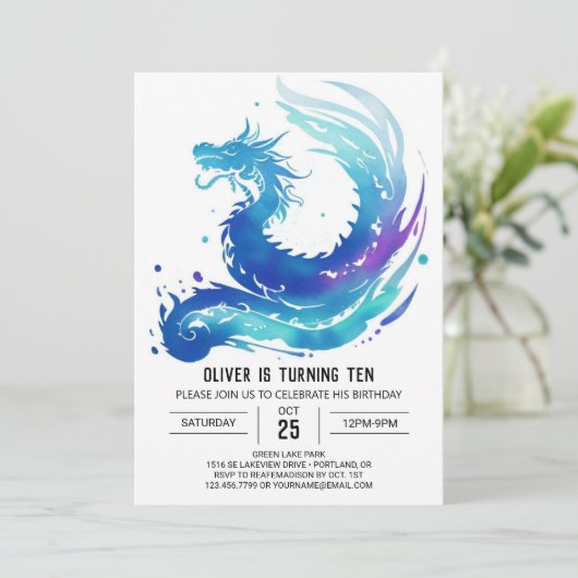 Fantasy Adventure Dragon Birthday Einladung (Stehend Vorderseite)