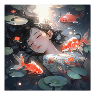 Fantasy Anime Girl and Carps Fotodruck