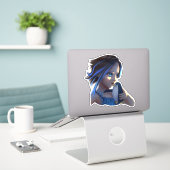 Fantasy-Anime-Mädchen mit antarktischem Pinguin-Au Aufkleber (Laptop auf Schreibtisch)