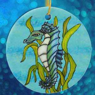 Fantasy Aqua Blue Sea Dragon Seepferd in Seetang Keramikornament