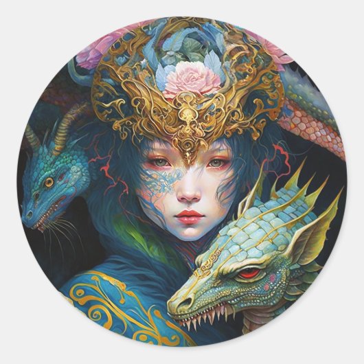 Fantasy Art Dragon Goddess Queen Classic Round Sti Runder Aufkleber (Vorderseite)