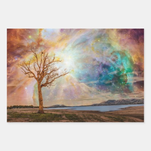 Fantasy Art Nordic Lights Landschaft mit Bäumen Geschenkpapier Set (Vorderseite)