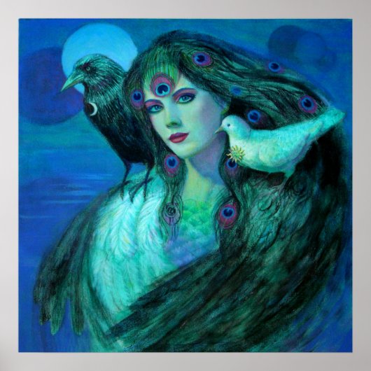 Fantasy Art Poster Peacock Feather Lady Vögel Kräh (Vorne)