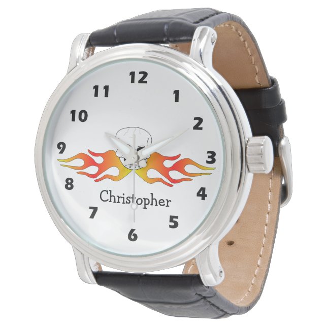 Fantasy Art Skull And Flames Design Personalised Armbanduhr (Schrägansicht)