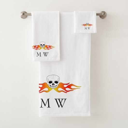 Fantasy Art Totenkopf mit Flammen Design Monogramm Badhandtuch Set (Insitu)