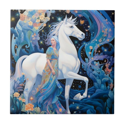 Fantasy Art von Lady and White Horse Fliese (Vorderseite)
