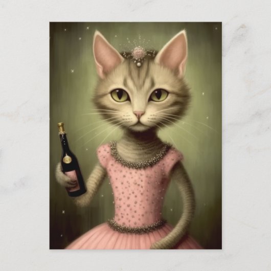 Fantasy Ballerina Cat Pink Champagne Postkarte (Vorderseite)