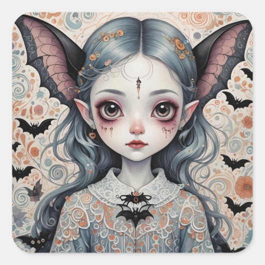 Fantasy Bat Girl Quadratischer Aufkleber (Vorderseite)