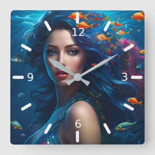 Fantasy Beautiful Blue Meerjungfrau Quadratische Wanduhr