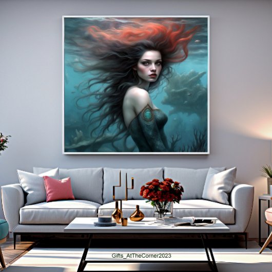 Fantasy Beautiful Red Hair Mermaid Prinzessin Leinwanddruck