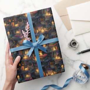 Fantasy-Bibliothek schwebende Bücher magische Kerz Geschenkpapier