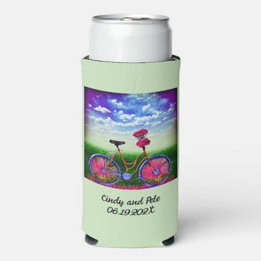 Fantasy Bicycle mit rosa Blume auf Mint Green Selters Dosenkühler (Seltzer Vorderseite)