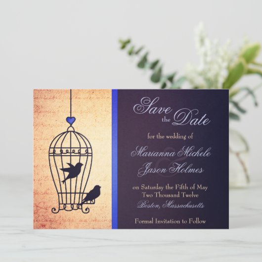 Fantasy Bird Cage mit Blauer Ribbon Save the Date (Stehend Vorderseite)