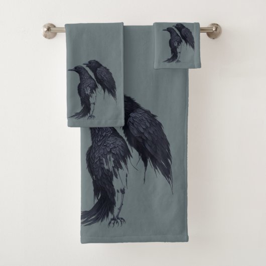 Fantasy Bird Nature Pair of Corvid Ravens Badhandtuch Set (Insitu)