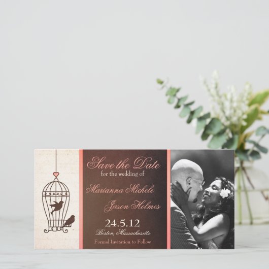 Fantasy Birdcage Chocolate & Pink Save the Date (Stehend Vorderseite)