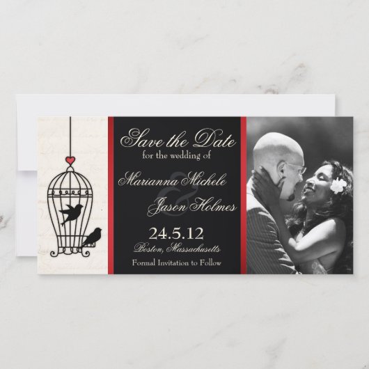 Fantasy Birdcage Foto Save the Date Red Ribbon (Vorderseite)