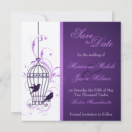 Fantasy Birdcage & Wirbel Eggplant Save the Date (Vorderseite)