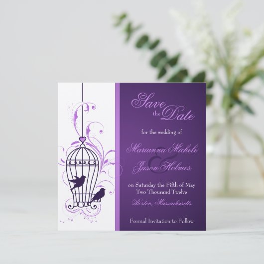 Fantasy Birdcage & Wirbel Eggplant Save the Date (Stehend Vorderseite)