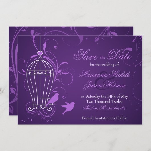 Fantasy Birdcage & Wirbel Eggplant Save the Date (Vorne/Hinten)