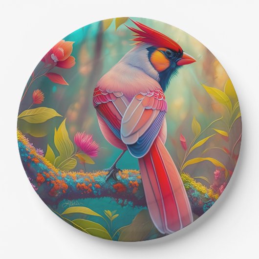 Fantasy Birds Männlicher Kardinal Pappteller (Vorderseite)
