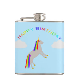 Fantasy Birthday Unicorn Regenbogen und Wolken Flachmann