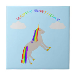 Fantasy Birthday Unicorn Regenbogen und Wolken Fliese