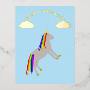 Fantasy Birthday Unicorn Regenbogen und Wolken Folien Feiertagspostkarte