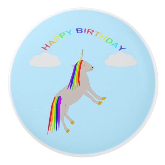 Fantasy Birthday Unicorn Regenbogen und Wolken Keramikknauf (Vorderseite)