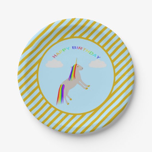 Fantasy Birthday Unicorn Regenbogen und Wolken Pappteller (Vorderseite)