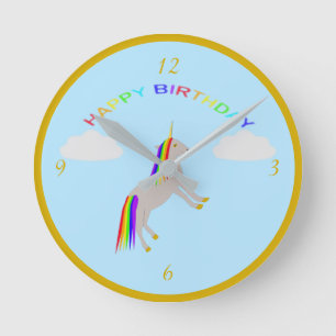 Fantasy Birthday Unicorn Regenbogen und Wolken Runde Wanduhr