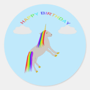 Fantasy Birthday Unicorn Regenbogen und Wolken Runder Aufkleber
