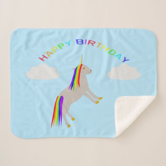 Fantasy Birthday Unicorn Regenbogen und Wolken Sherpadecke (Vorderseite (Horizontal))