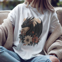 Fantasy Black Dragon & Floral Art T - Shirt