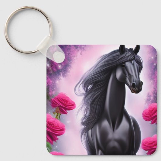 Fantasy Black Stallion und Pink Floral Graphic Schlüsselanhänger (Vorderseite)