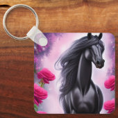 Fantasy Black Stallion und Pink Floral Graphic Schlüsselanhänger (Vorderseite)