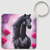 Fantasy Black Stallion und Pink Floral Graphic Schlüsselanhänger (Rückseite)