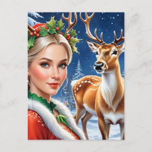 Fantasy blond Frau und Hirsche Weihnachten Postkarte